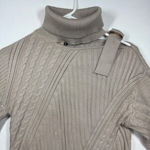 Turtleneck Knit Sweater Beige Asymmetrical Cable-Knit Cut Out Detail Sz‎ Small